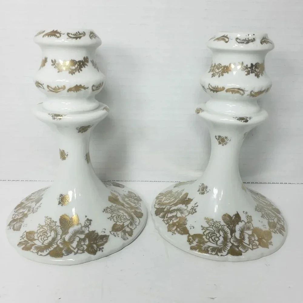VTG Handpainted Porcelain De  France White/Gold Roses Candle Holders.